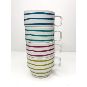 WORLD MARKET set of 4 white striped stackable coffee tea mugs cups 8oz